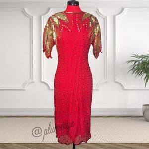 Vintage Sean 1980’s Art Deco Sequined Beaded 100% Silk Cocktail Dress Size L